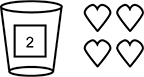 There is a cup on the left labeled 2. 4 hearts, arranged in 2 rows of 2, are on the right.